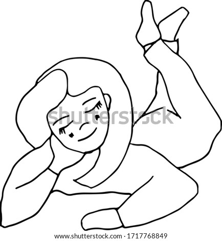 Doodle cute girl, young woman is lying, resting, enjoying, dreaming. Vector illustration drawn by hand.