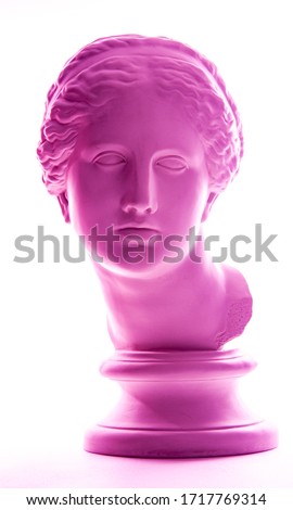 Gypsum copy of ancient white statue of bust of Venus with white background .Plaster sculpture woman face. The goddess of love in Greek mythology. Renaissance epoch. Tonned violet.