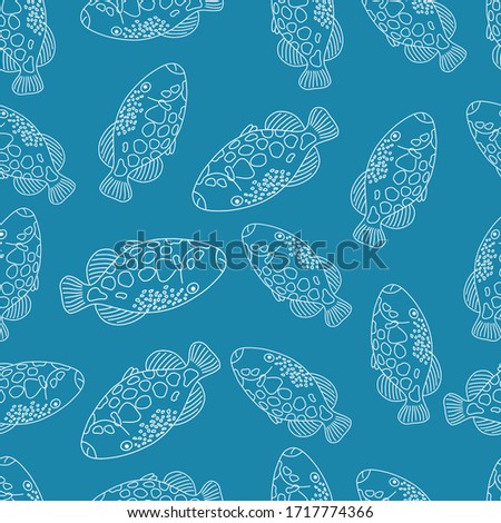 Seamless pattern with fish.Nautical theme.Doodle style.Blue background.White outline.Vector illustration.