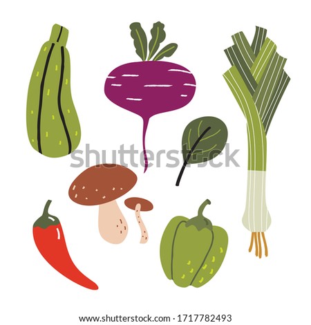 Set of hand drawn colorful doodle vegetables and greens. Sketch style vector collection.  Leeks, radish, spinach, mushroom, pepper, zucchini. Vegetarian healthy food. Vegan, farm, organic, natural Royalty-Free Stock Photo #1717782493
