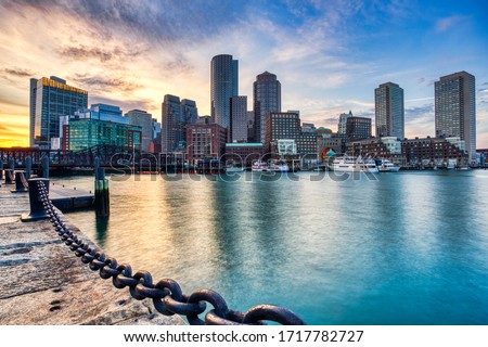 Boston Skyline with Financial District and Boston Harbor at Sunset, USA