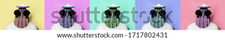 Minimal pop-art collage portraits of green cactus-headed man wearing black round shades and mexican hat on colorful backgrounds.