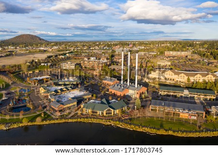 Aerial view of the Old Mill District in Bend, Oregon.  Royalty-Free Stock Photo #1717803745