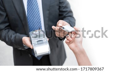 Businessman are accepting credit card from customer by paying via receipt printer on white background