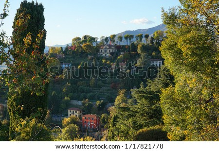 Italian hillside houses on a mountain in Bergamo, Italy. 