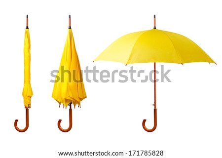 Set of yellow umbrellas isolated on white background. Opened and folded umbrellas on white Royalty-Free Stock Photo #171785828