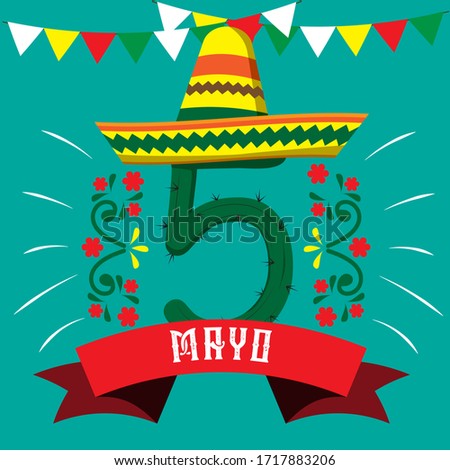 Cactus with shape number decorated with a Mexican hat and red ribbon to celebrate May 5