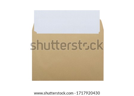 Brown envelope with a white  blank sheet, isolated white in the studio.