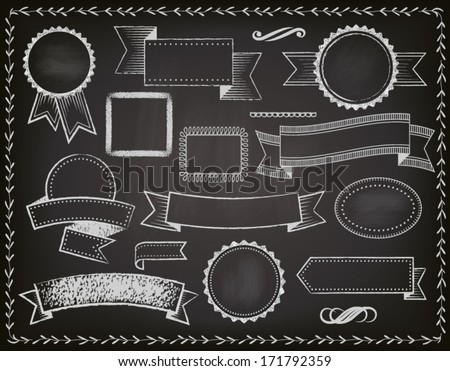 Chalkboard Ribbons, Banners and Frames - Set of grungy blackboard design elements, including ribbons, banners, bookmarks, borders and frames