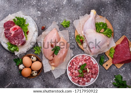 Various raw meat, sources of animal protein. Carnivore diet concept Royalty-Free Stock Photo #1717950922
