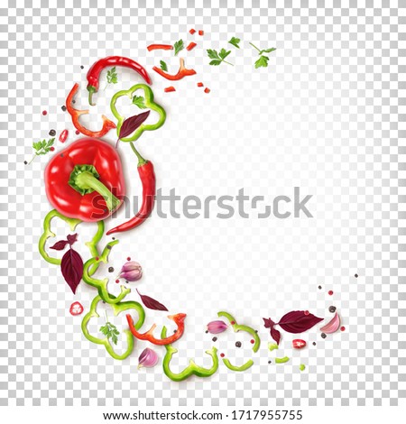 Round composition of red and green bell peppers, chili peppers, garlic, basil, parsley, spices. Top view. Vector 3d illustration isolated on white transparent background. Royalty-Free Stock Photo #1717955755
