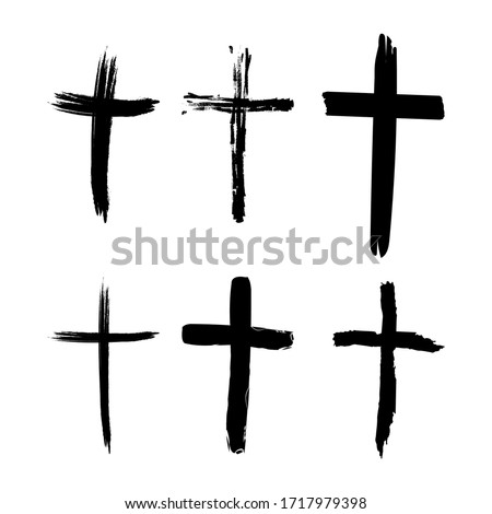 Set of hand-drawn black grunge cross icons, collection of simple Christian cross signs, hand-painted cross symbols created with real ink brush isolated on white background.