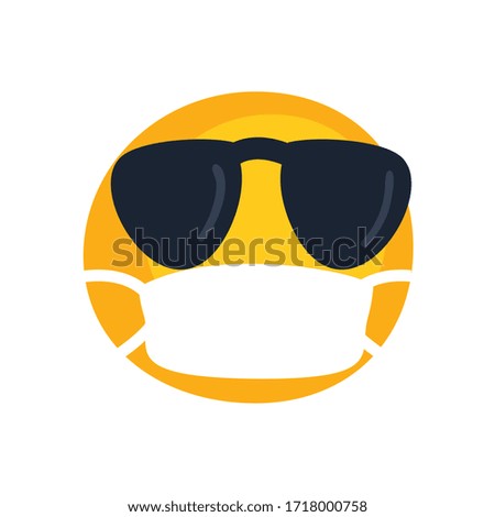 Emoji with mask and glasses flat style icon design, Cartoon expression emoticon and social media theme Vector illustration