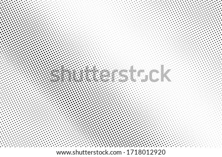 Black and white vector halftone. Micro half tone texture. Diagonal dotted gradient. Retro effect overlay. Grunge dot pattern on transparent backdrop. Modern graphic halftone perforated surface