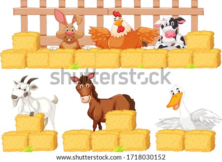 Set of farm animals and hay on white background illustration