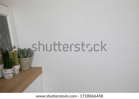 The background of the gray fabric wall in the minimalist living room. A small trees in a ceramic pots were placed on a wooden table framed by a beautiful and simple atmosphere.