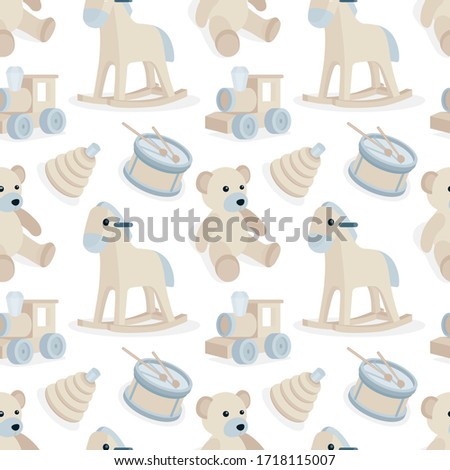 Toys soft, pastel colors seamless background. Cartoon style rocking horse, teddy bear, rum, locomotive and puzzle pyramid drawing endless vector pattern. Baby background seamless concept. Part of set.