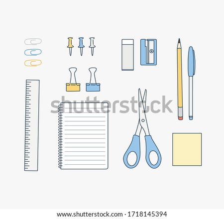 Notebook vector set with school items and office supplies isolated in white background for educational and back to school elements. Hand drawn style vector design illustrations.