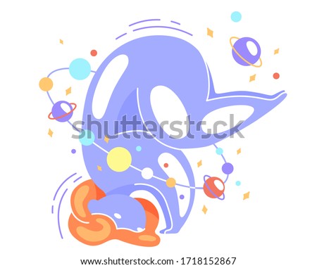 Cute vector isolated illustration fat space girl stands on hands and head. Yoga, exercise on balance and concentration, inverted pose. World Yoga Day. Body positive, health care, self-love. Cosmos.
