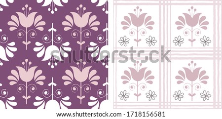 Set of decorative flowers in pink, purple and white, vector seamless patterns