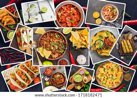 Collection of various Mexican food, a photo collage. Set of traditional Mexican dishes. Top view, flat lay.