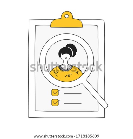 Recruitment, job candidate review, CV analysis concept. Curriculum vitae under a magnifying glass. Flat line vector illustration on white. Royalty-Free Stock Photo #1718185609