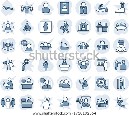 Blue tint and shade editable vector line icon set - male vector, reception, passport control, metal detector gate, vip, meeting, manager place, pregnancy, treadmill, push ups, disabled, speaker, hr