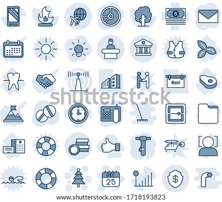 Blue tint and shade editable vector line icon set - reception vector, plane globe, christmas tree, 25 dec calendar, mail, tie, circle chart, fire, pills, hospital building, three leafs, meat, tooth