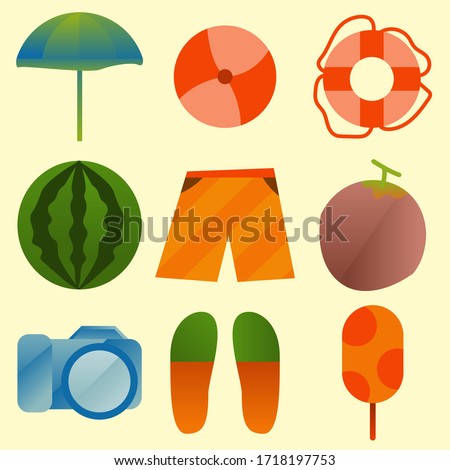 Vector summer icon set, flat design illustration, Umbrella, Ball, Buoy, Watermelon, Pants, Coconut, Camera, Sandals, Ice Cream.