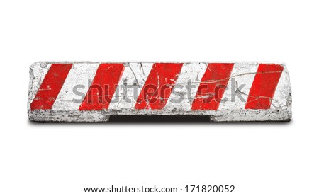 Red and white striped concrete road barrier isolated on white