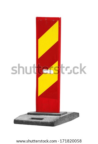Red and yellow striped caution road sign isolated on white
