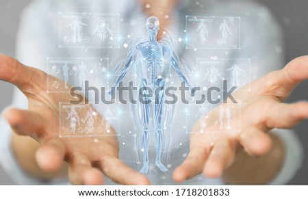 Woman on blurred background using digital x-ray human body holographic scan projection 3D rendering