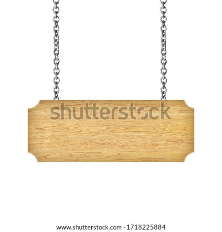 Wooden sign hanging on a chain isolated on white Royalty-Free Stock Photo #1718225884