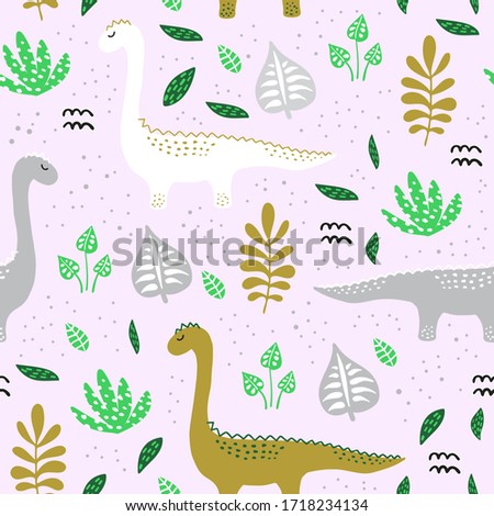 Pattern with hand drawn dino in scandinavian style. Creative vector kids background for fabric, textile.