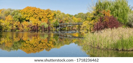 Beautiful autumn landscape in the park with a bridge and reflection
