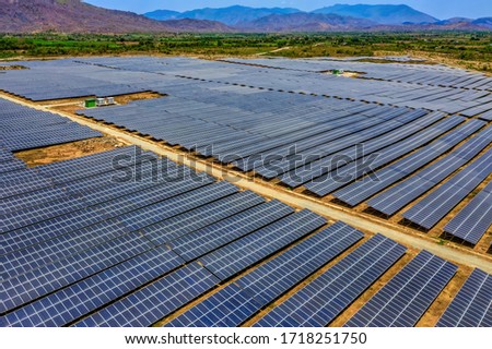 Aerial view of Solar panel, photovoltaic, alternative electricity source - concept of sustainable resources on a sunny day, Ninh Son, Ninh Thuan, Vietnam