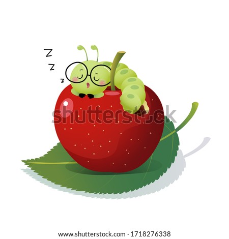 Vector illustration cute cartoon caterpillar wearing glasses and sleeping on an apple.