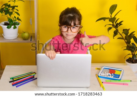 School at home. Happy kid. Online teacher. Learning online. 