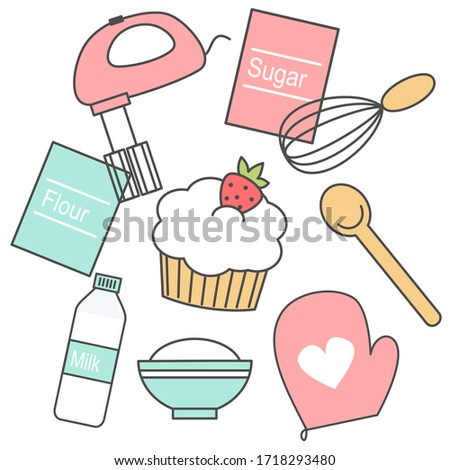 Cute baking kitchen icons doodle vector set with cupcake 