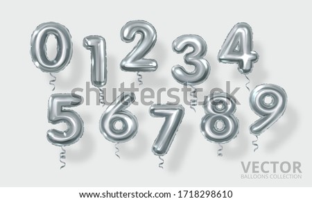 Silver Number Balloons 0 to 9. Realistic 3d render air balloon. Helium balloons. Party, birthday, celebrate anniversary and wedding. Realistic design elements. Festive set isolated. Vector illustratio