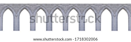 Medieval pointed arches isolated on white background. Elements of architecture, ancient arches, columns, windows and apertures