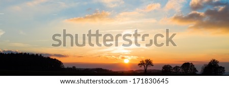 Bavarian Sunset Panorama. Lonely Silhouette of a tree in the setting sun. Clouds in the Sky. Colorful Sun and Fall Colors.
