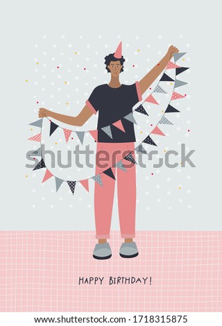 Happy Birthday lettering guy holding decorative flags postcard. Simple flat people boy man character vector illustration cartoon style. Festive party celebration event cute picture graphic clip art.