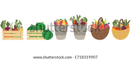 set of basket, shopping bag, box with fruits and vegetables. Mesh eco bag full of fruit and vegetable isolated on white background. Modern shopper with fresh organic food from local market. Royalty-Free Stock Photo #1718319907