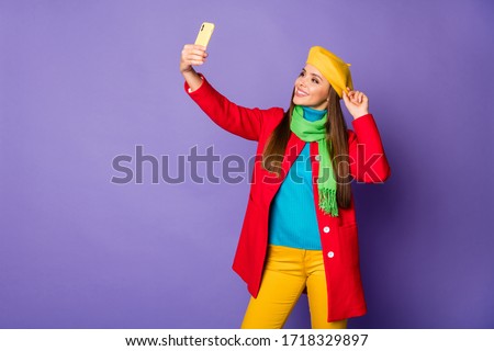 Portrait of her she nice attractive pretty charming cheerful cheery straight-haired girl taking selfie having fun posing spending weekend isolated on lilac purple violet pastel color background