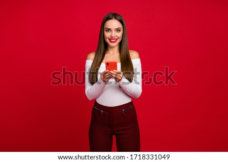 Portrait of attractive charming pretty chic girl use smartphone enjoy comment social media post wear good loo white beauty clothes isolated over bright shine color background