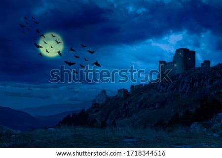 scary and mystic castle view on moonlight
