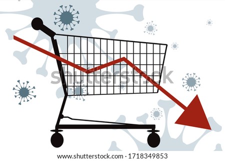 Vector illustration of economic crisis induced by coronavirus with shopping cart symbol.