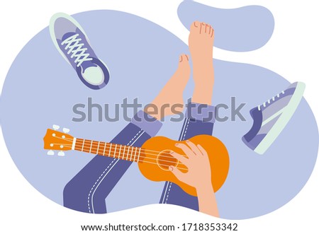 Young girl playing music on ukulele or small guitar. Hobby leisure Time Learning Concept activities. Retro concept poster