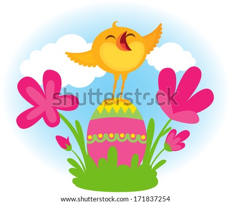 Easter chick happy and sing/Singing Easter chick/Illustration cheerful yellow chick singing